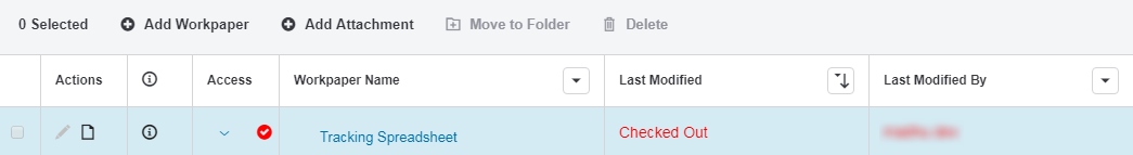 Screen capture showing the attributes of a checked out workpaper.